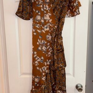 Vici Brown and Blue Floral Midi Wrap Dress